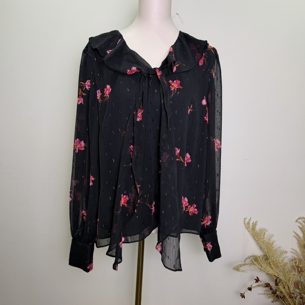 CeCe Blouse Womens XL Black Floral Tie Neck Lurex Clip Dot Romantic Career Top